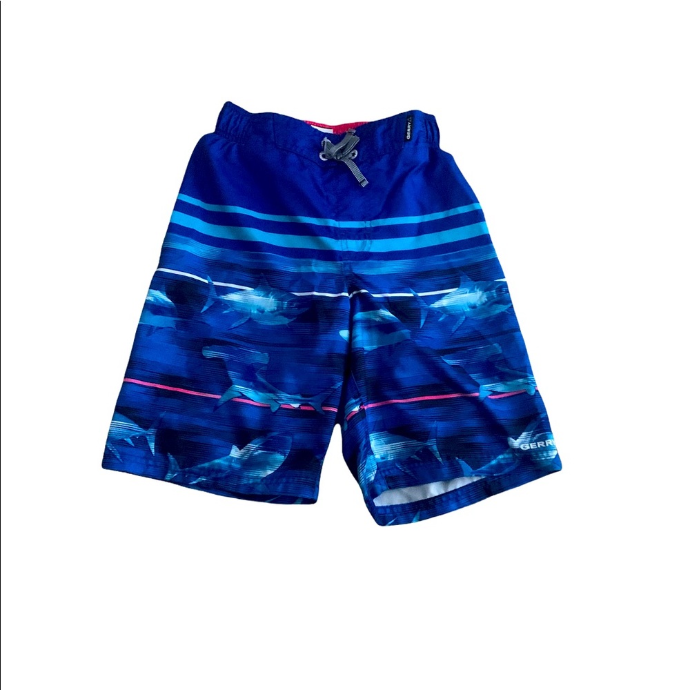 Gerry Gear | Youth Boys Swim Trunks Medium Blue Ocean Shark Hot Pink Stripe